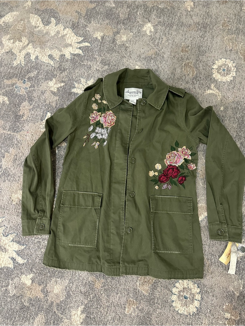 American Rag Olive Green Embroidered Floral Utility Jacket